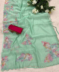 Elegant Pista Green Organza Silk Saree with Printed & Handwork Design