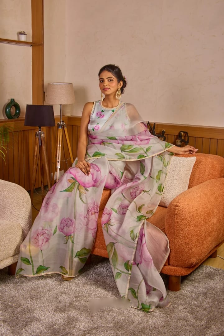 Elegant Pista Organza Saree with Stitched Blouse
