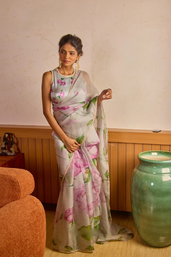 Elegant Pista Organza Saree with Stitched Blouse