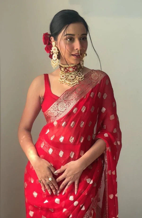Elegant Red Cotton Silk Saree with Jacquard Work & Unstitched Blouse