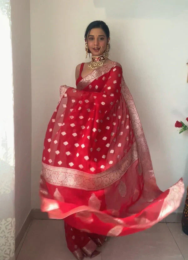 Elegant Red Cotton Silk Saree with Jacquard Work & Unstitched Blouse