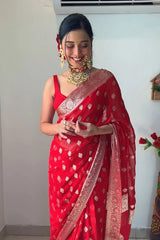 Elegant Red Cotton Silk Saree with Jacquard Work & Unstitched Blouse
