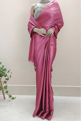 Elegant Rose Pink Satin Silk Saree with Plain Grey Blouse