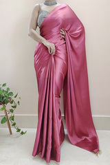 Elegant Rose Pink Satin Silk Saree with Plain Grey Blouse
