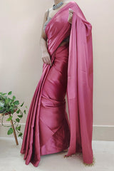 Elegant Rose Pink Satin Silk Saree with Plain Grey Blouse