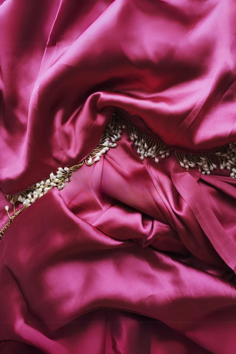 Elegant Rose Pink Satin Silk Saree with Plain Grey Blouse
