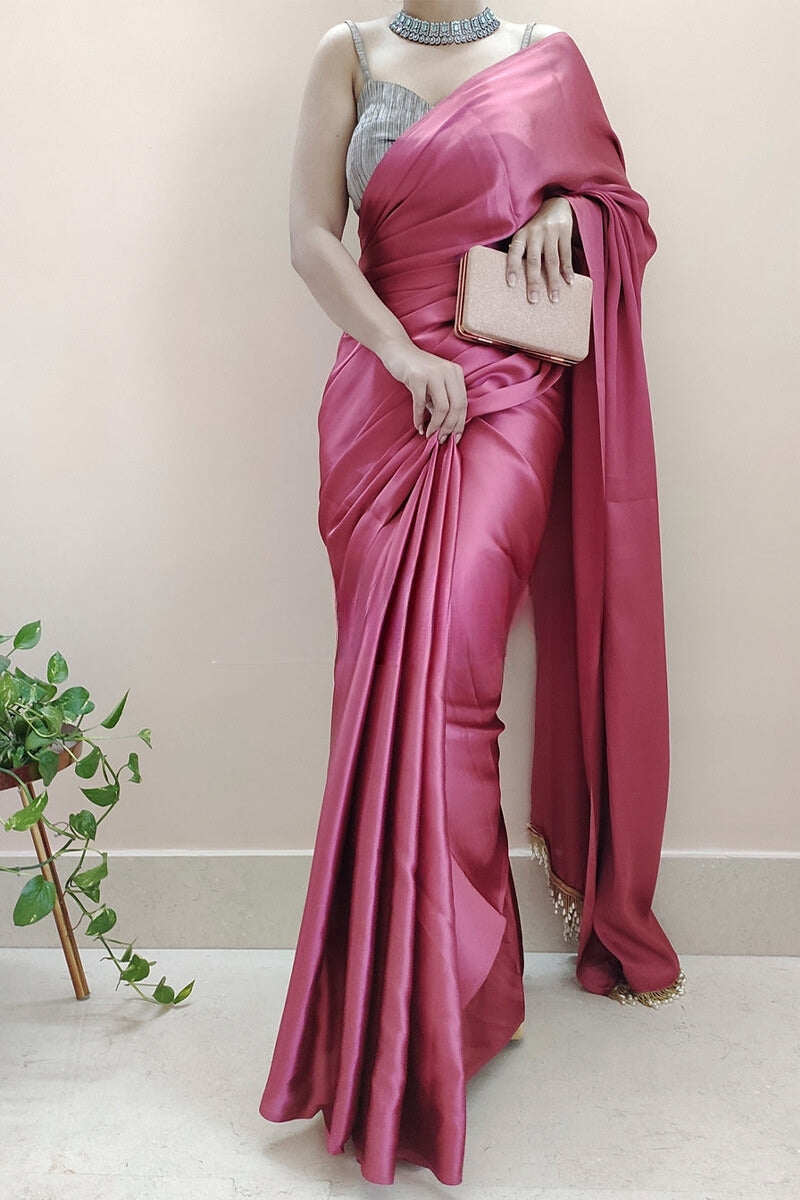 Elegant Rose Pink Satin Silk Saree with Plain Grey Blouse