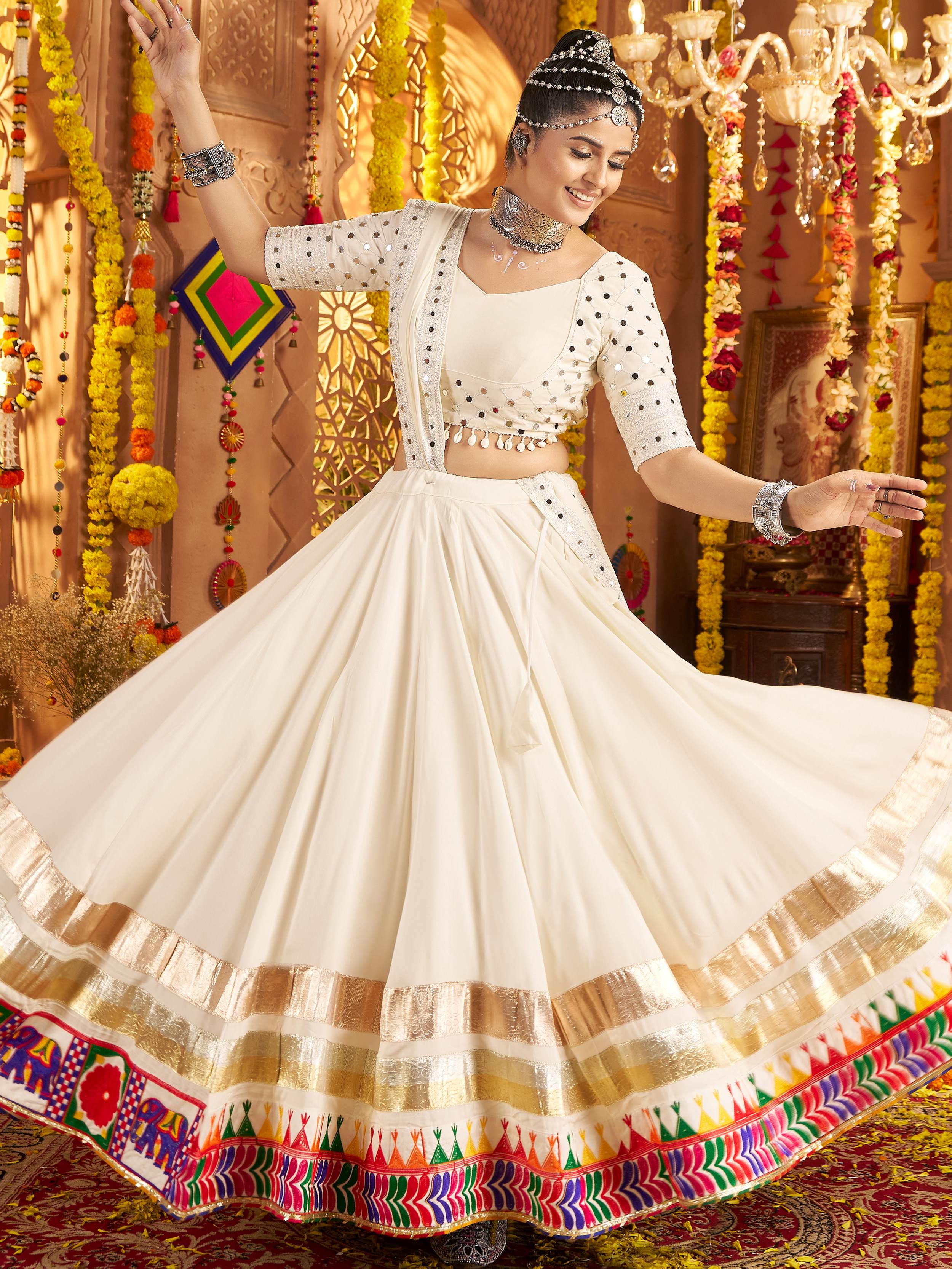 Elegant White Viscose Rayon Lehenga Choli with Mirror Work & Embroidered Border