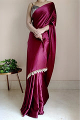 Elegant Wine Satin Silk Saree with Grey Blouse Piece