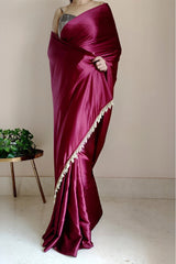 Elegant Wine Satin Silk Saree with Grey Blouse Piece