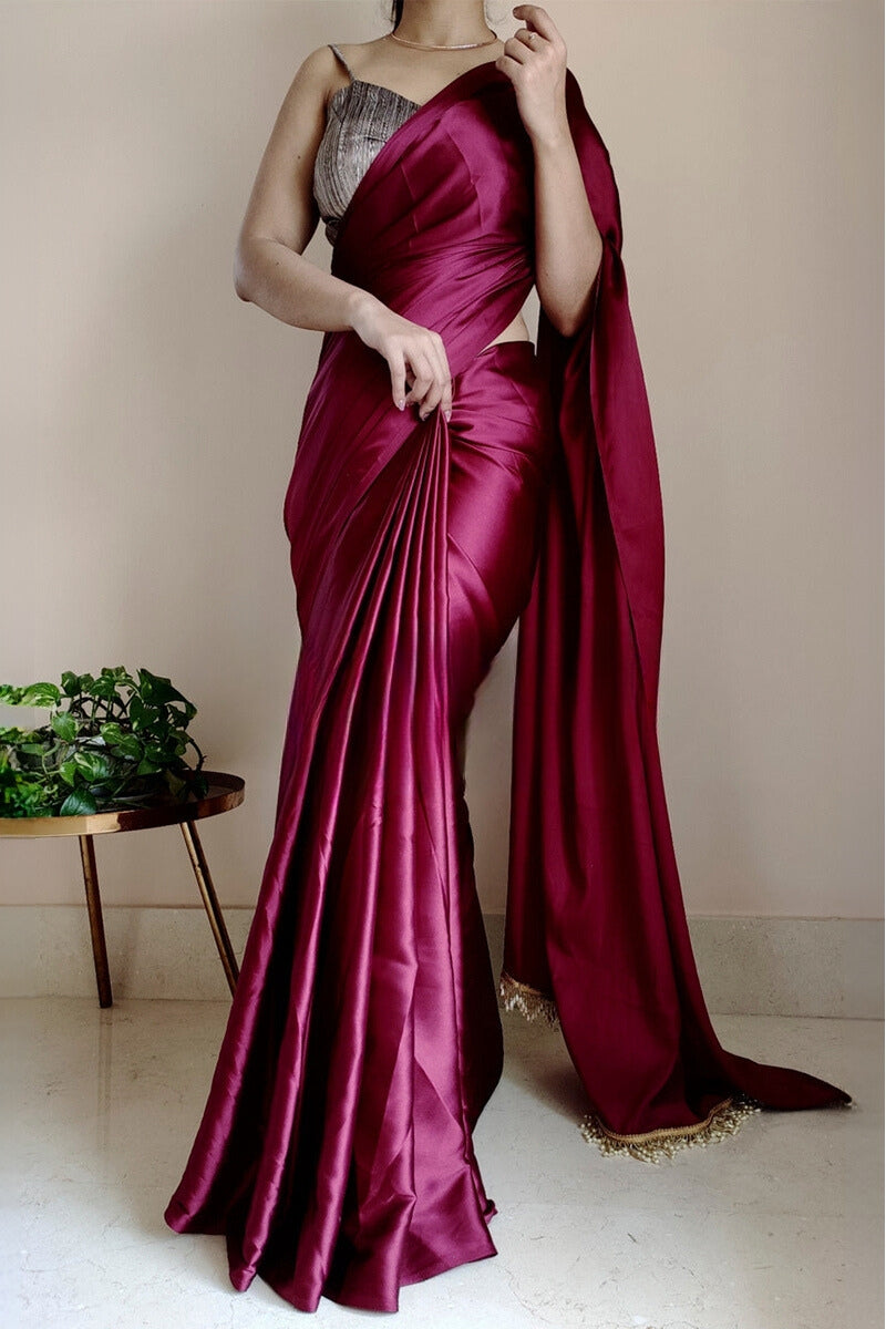 Elegant Wine Satin Silk Saree with Grey Blouse Piece