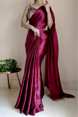 Elegant Wine Satin Silk Saree with Grey Blouse Piece