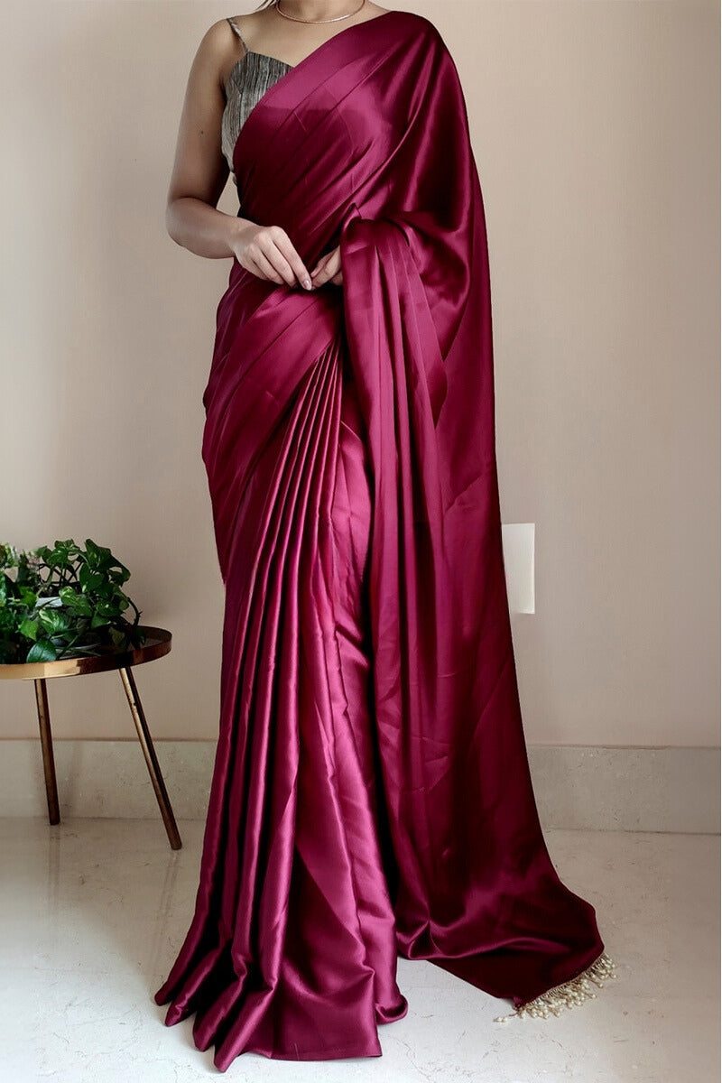 Elegant Wine Satin Silk Saree with Grey Blouse Piece