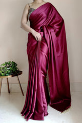 Elegant Wine Satin Silk Saree with Grey Blouse Piece