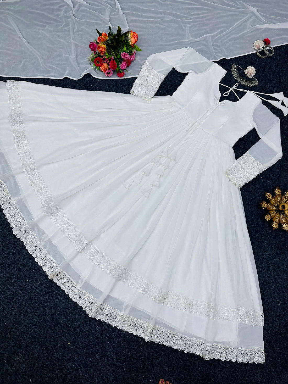 Faux Georgette Anarkali Gown with Lace Work & Tassel Detailing – Party Wear