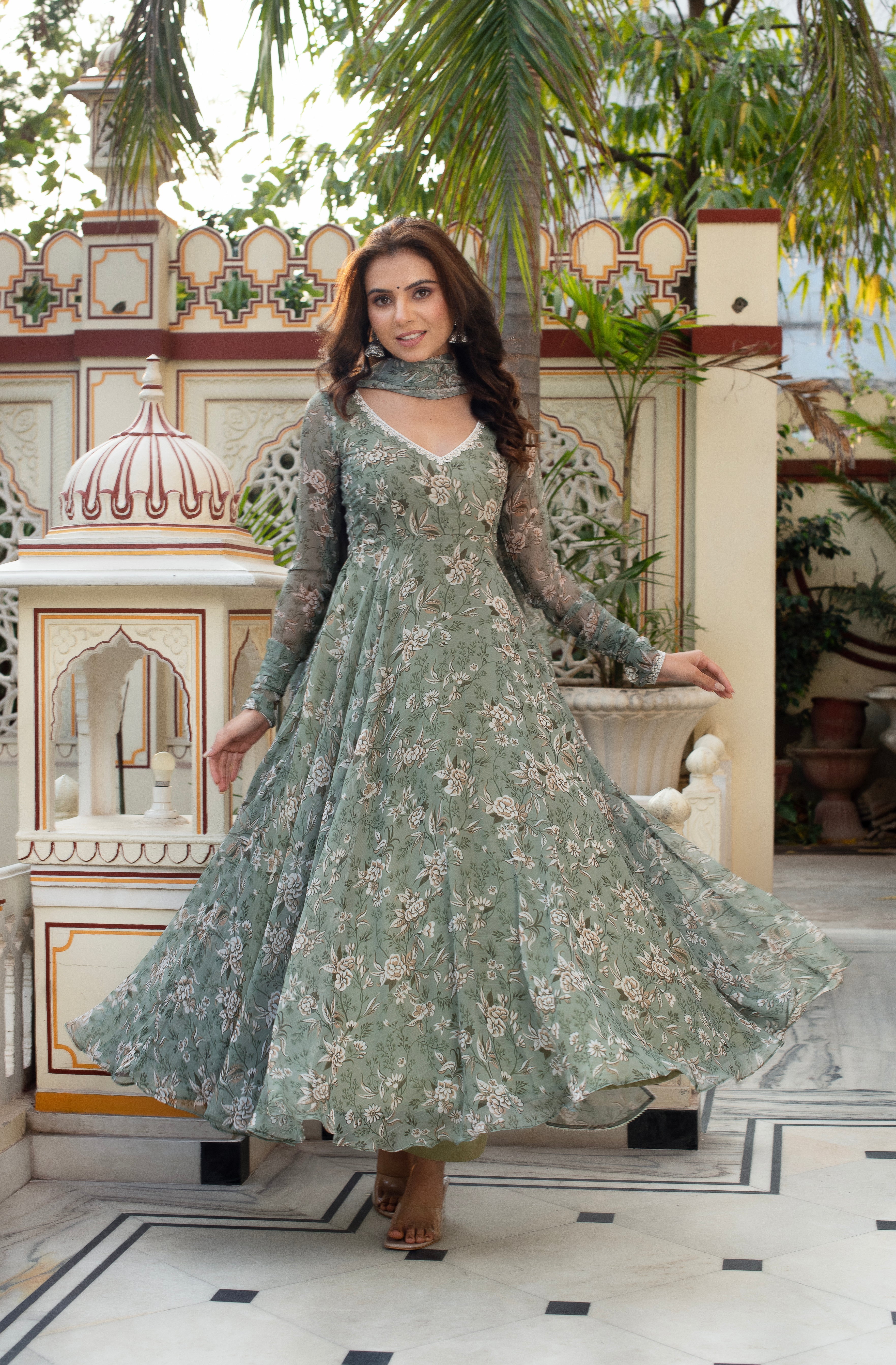 Flowy Chiffon Ensemble with Cotton Bottoms – 3-Piece Side-Zip Suit