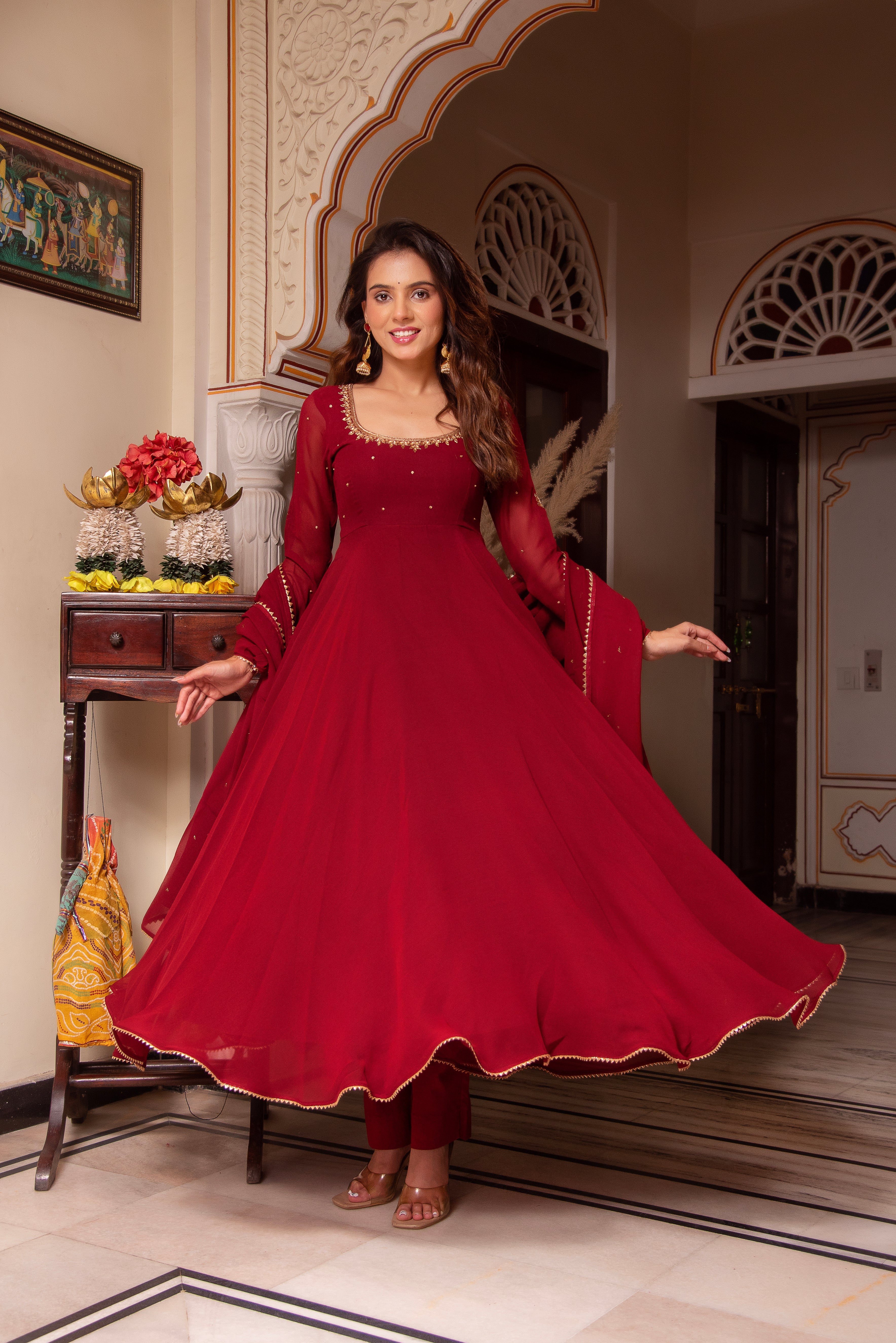 Georgette 3-Piece Side-Zip Suit Set with Cotton Bottoms