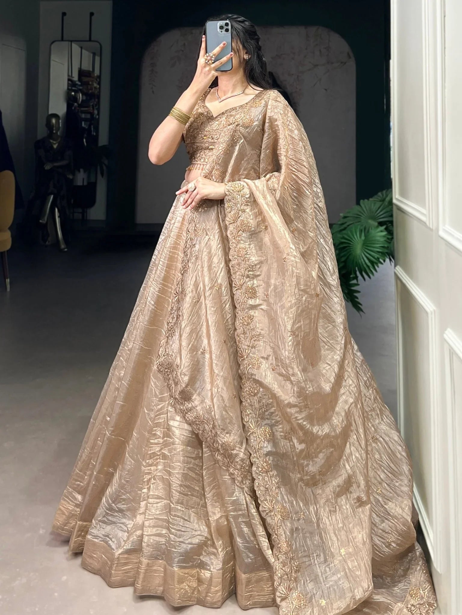 Golden Crush Organza Lehenga Choli – Festive & Party Wear