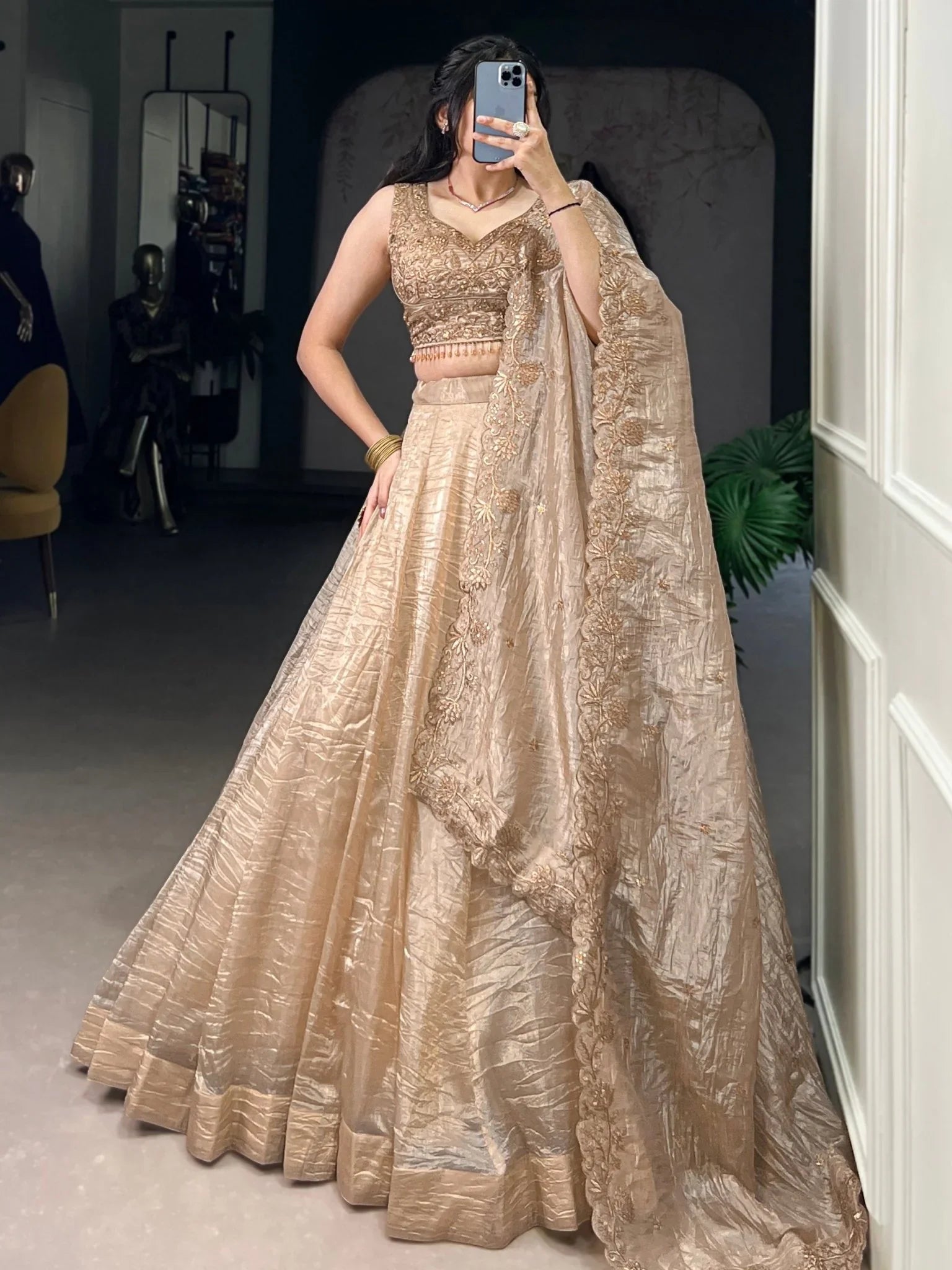 Golden Crush Organza Lehenga Choli – Festive & Party Wear