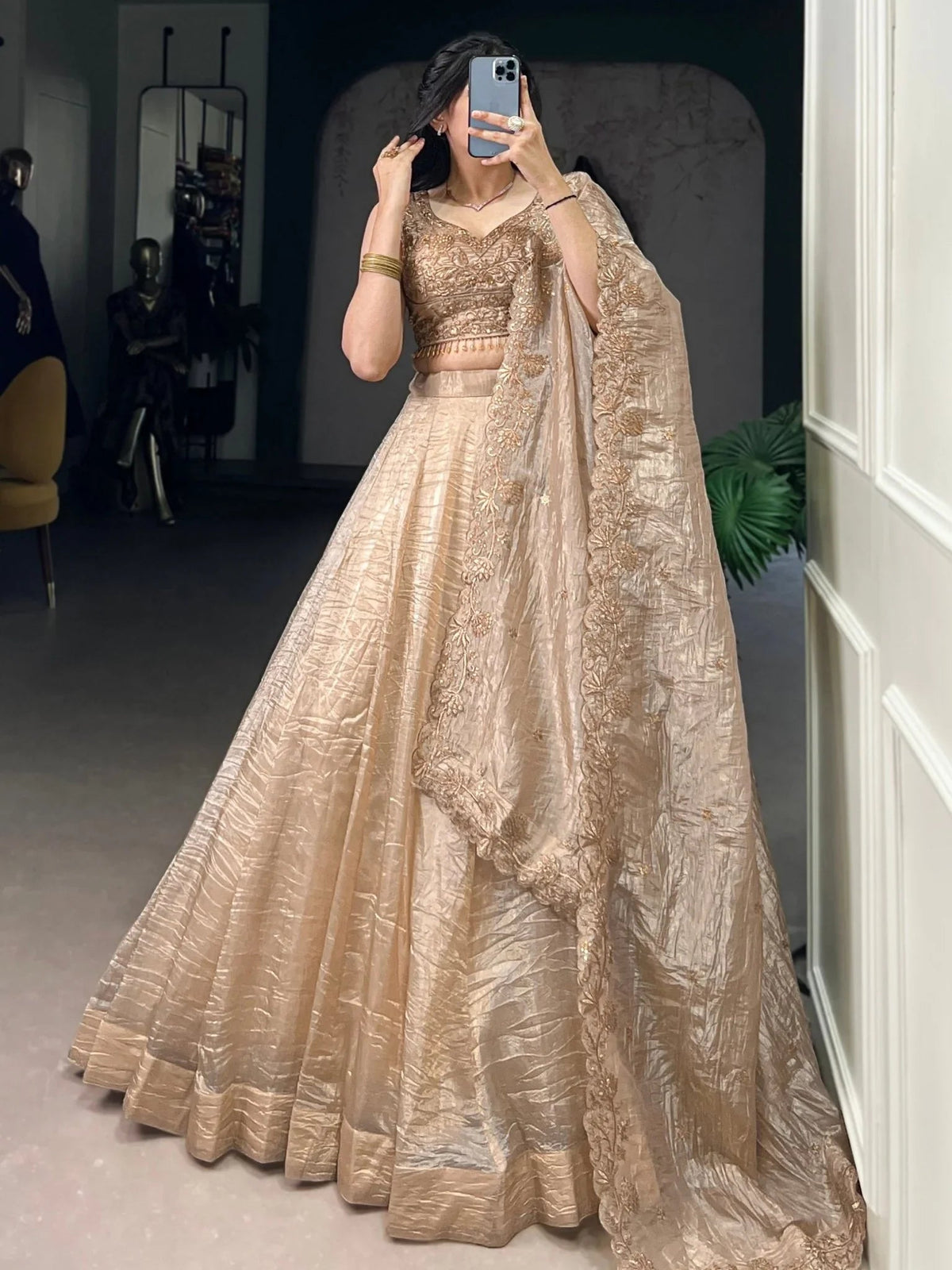 Golden Crush Organza Lehenga Choli – Festive & Party Wear