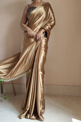 Graceful Champagne Gold Satin Silk Saree with Grey Blouse