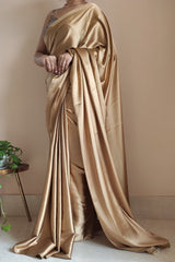 Graceful Champagne Gold Satin Silk Saree with Grey Blouse
