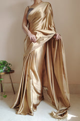 Graceful Champagne Gold Satin Silk Saree with Grey Blouse