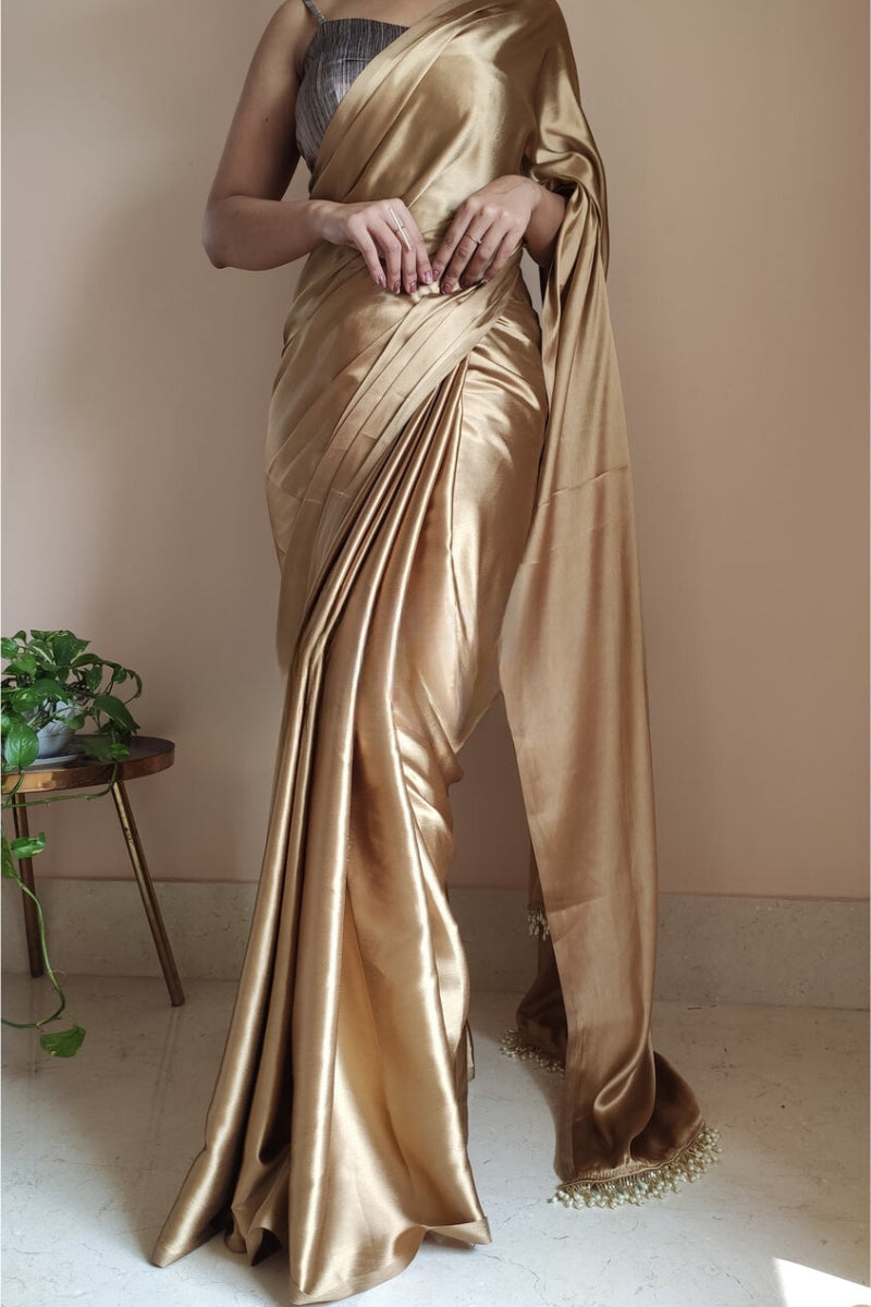 Graceful Champagne Gold Satin Silk Saree with Grey Blouse