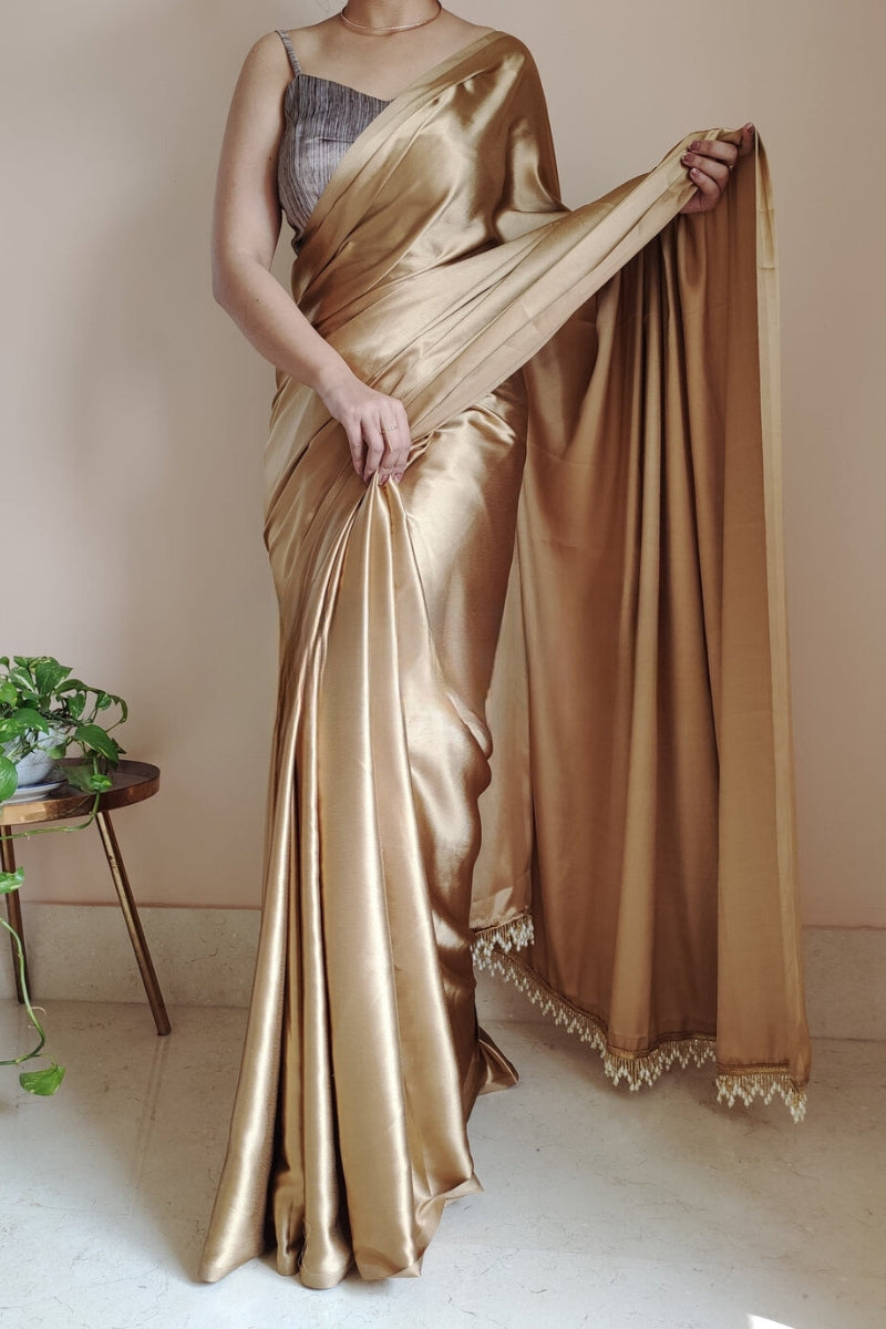 Graceful Champagne Gold Satin Silk Saree with Grey Blouse