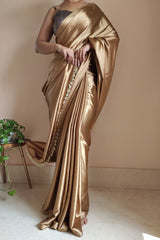 Graceful Champagne Gold Satin Silk Saree with Grey Blouse