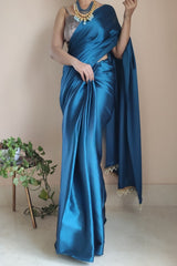 Graceful Cobalt Blue Satin Silk Saree with Plain Grey Blouse