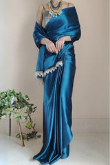 Graceful Cobalt Blue Satin Silk Saree with Plain Grey Blouse