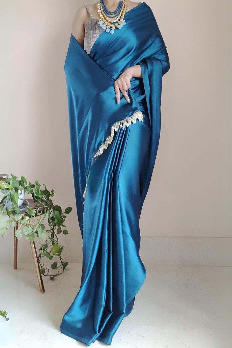 Graceful Cobalt Blue Satin Silk Saree with Plain Grey Blouse