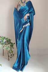 Graceful Cobalt Blue Satin Silk Saree with Plain Grey Blouse