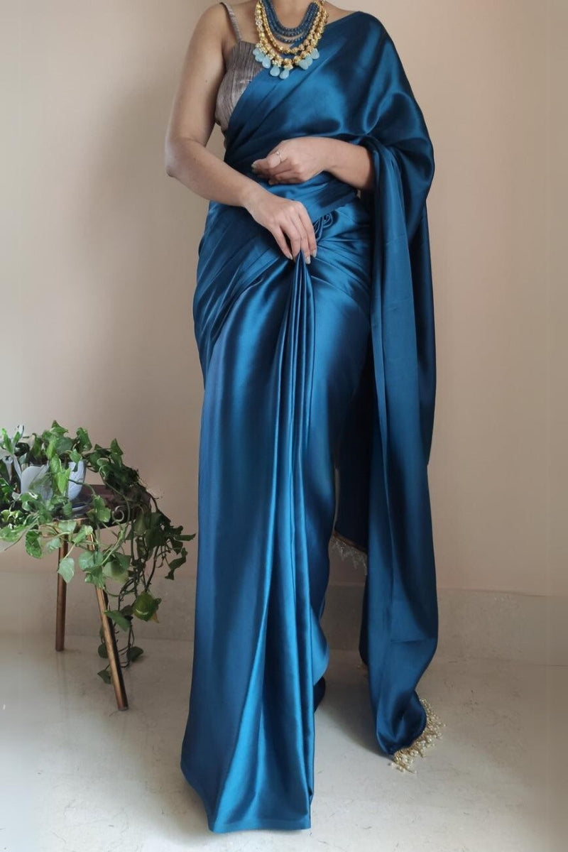 Graceful Cobalt Blue Satin Silk Saree with Plain Grey Blouse