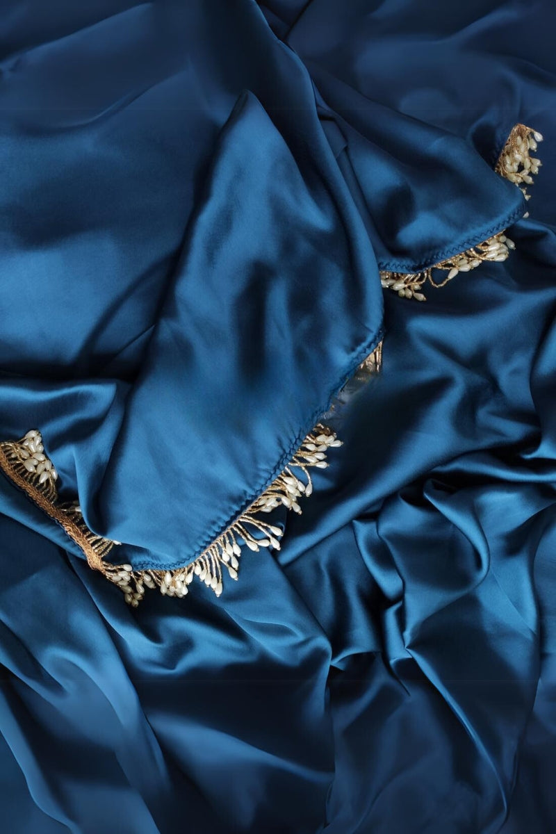 Graceful Cobalt Blue Satin Silk Saree with Plain Grey Blouse
