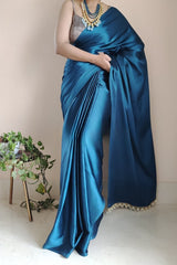 Graceful Cobalt Blue Satin Silk Saree with Plain Grey Blouse