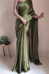 Graceful Olive Green Satin Silk Saree with Grey Blouse Piece