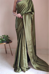 Graceful Olive Green Satin Silk Saree with Grey Blouse Piece