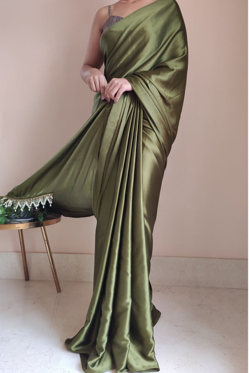Graceful Olive Green Satin Silk Saree with Grey Blouse Piece