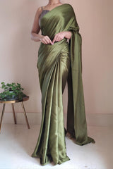 Graceful Olive Green Satin Silk Saree with Grey Blouse Piece