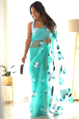 Graceful Sky Blue Organza Silk Saree with Printed Design