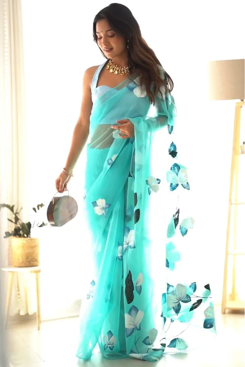 Graceful Sky Blue Organza Silk Saree with Printed Design