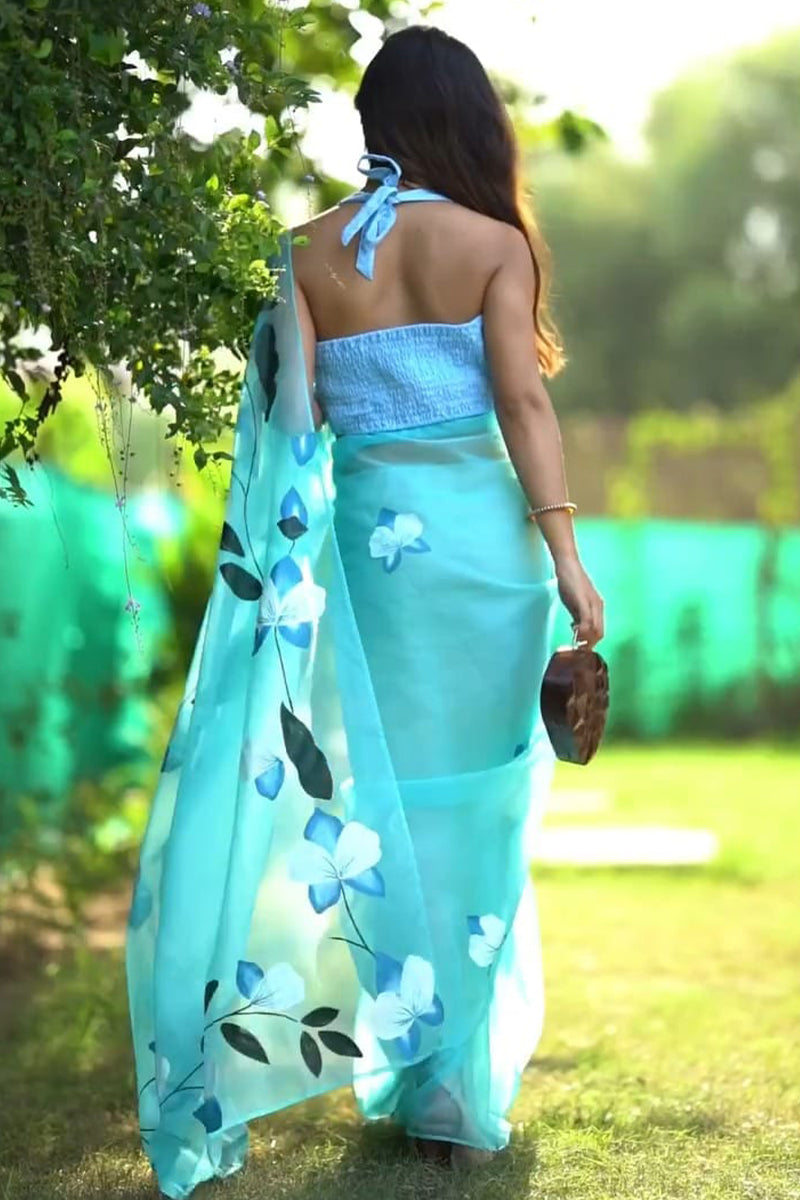 Graceful Sky Blue Organza Silk Saree with Printed Design
