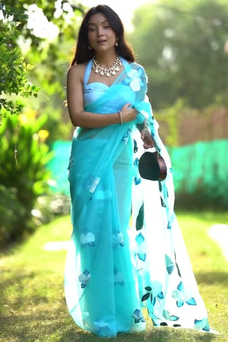 Graceful Sky Blue Organza Silk Saree with Printed Design