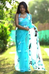 Graceful Sky Blue Organza Silk Saree with Printed Design