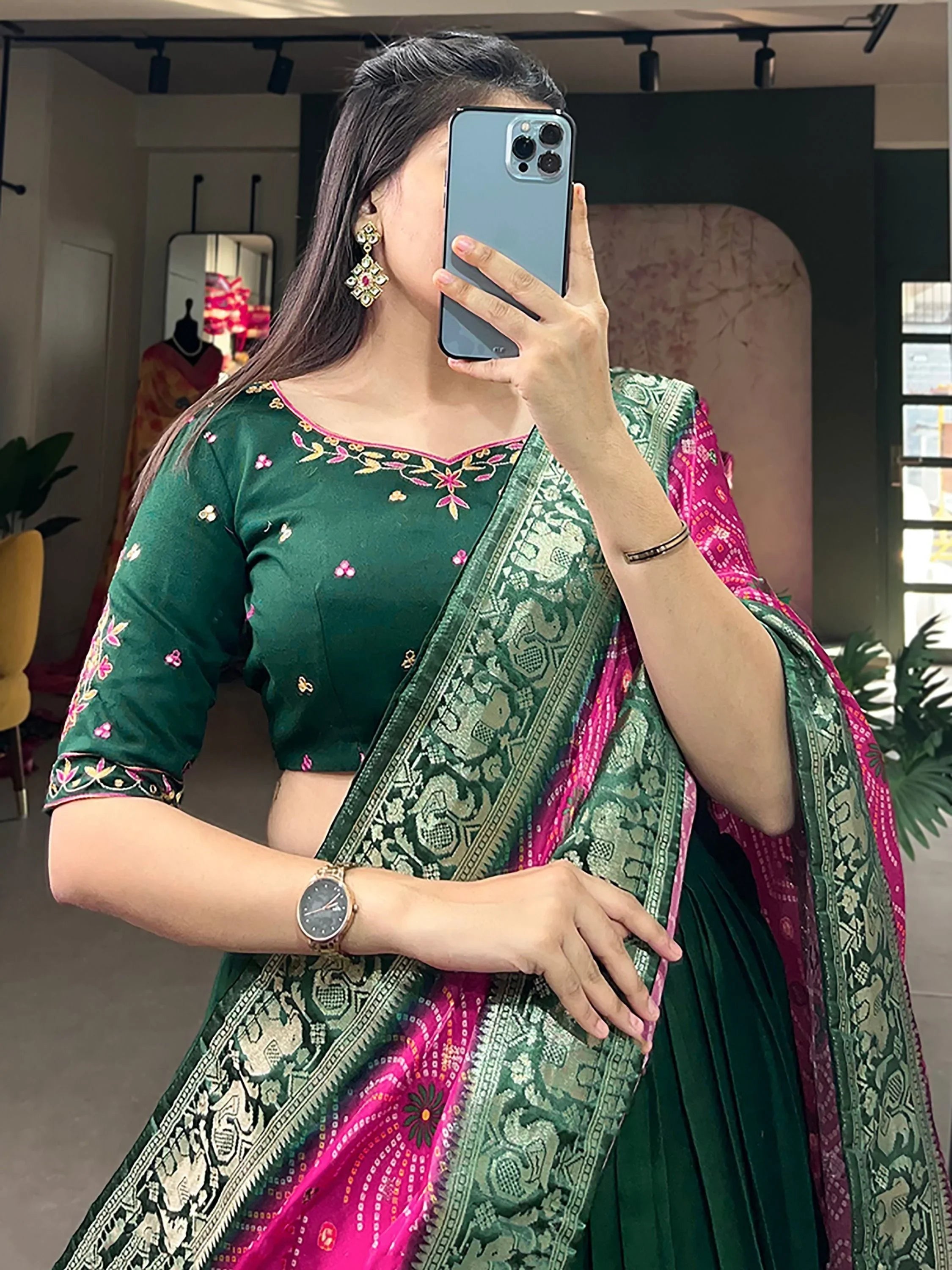 Green Cotton Festival Wear Lehenga Choli with Dupatta