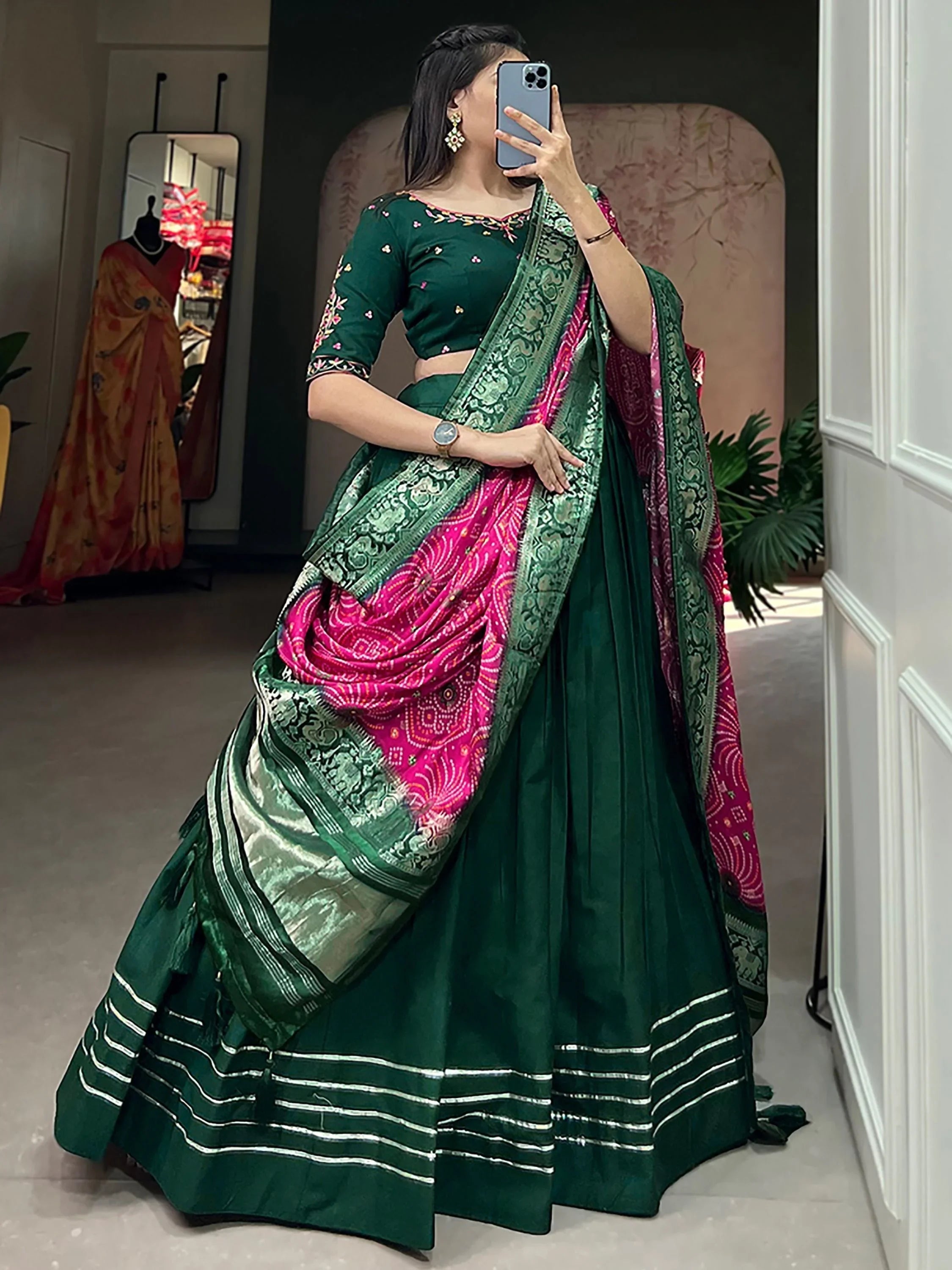 Green Cotton Festival Wear Lehenga Choli with Dupatta