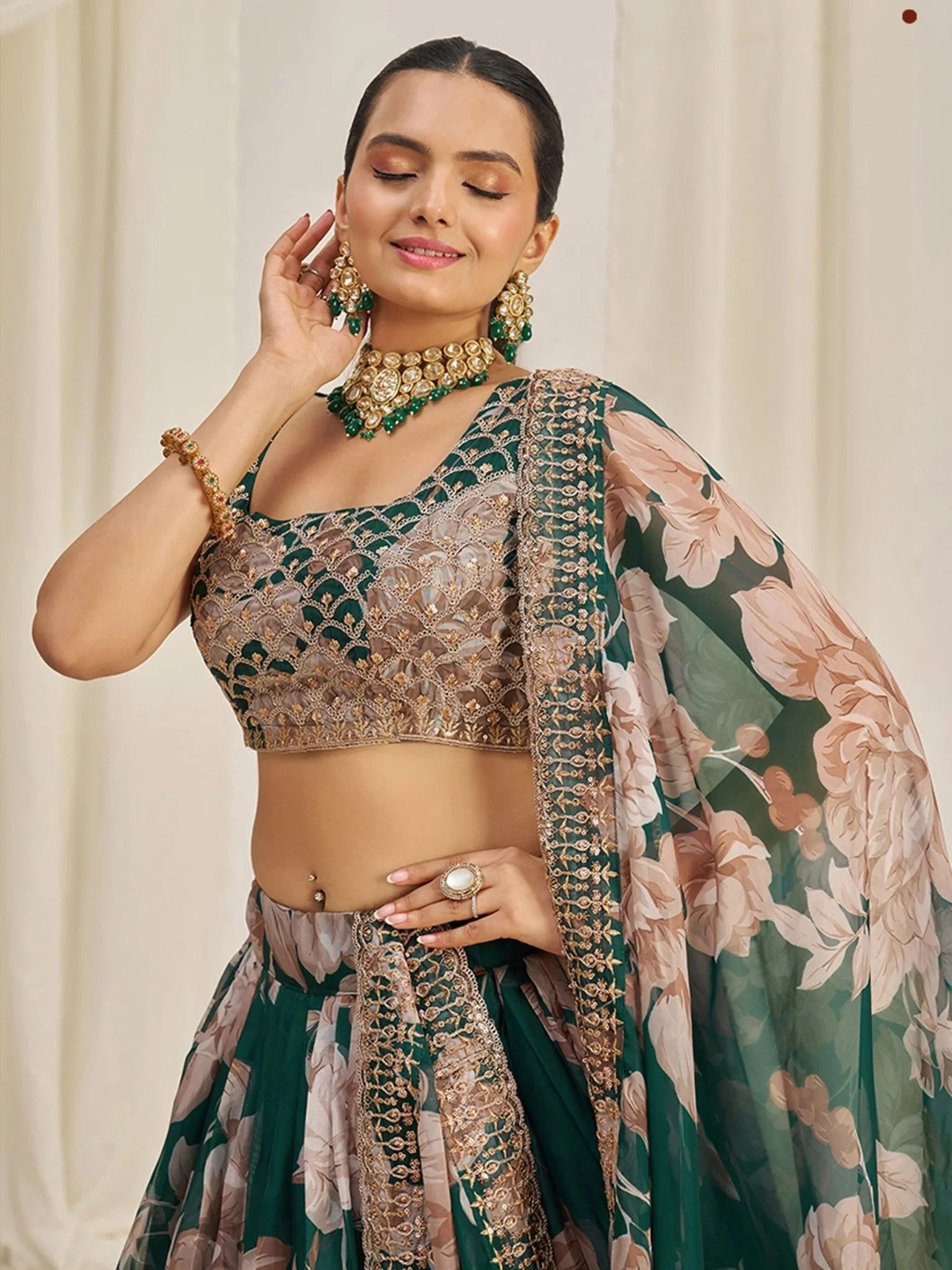 Green Organza Lehenga Choli with Zari, Dori & Sequin Embroidery