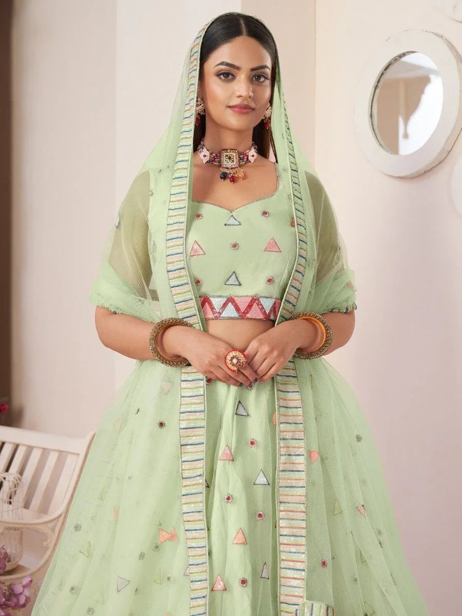 Green Sequins Net Festival Lehenga Choli with Dupatta